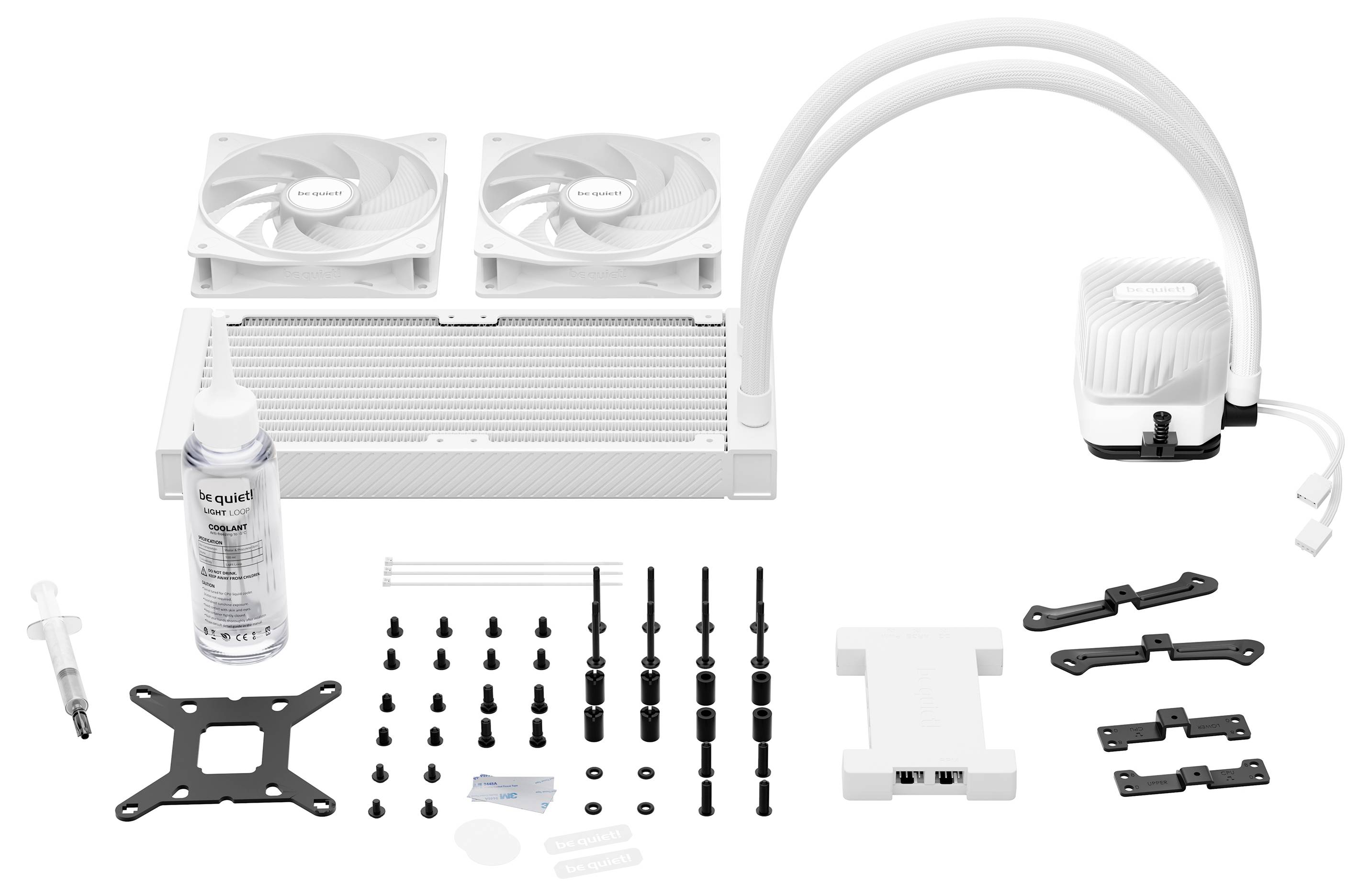 Waterkoelsysteem-compleetpakket met radiator, ventilatoren, pomp, montagetoebehoren en koelvloeistof voor pc-koeling.