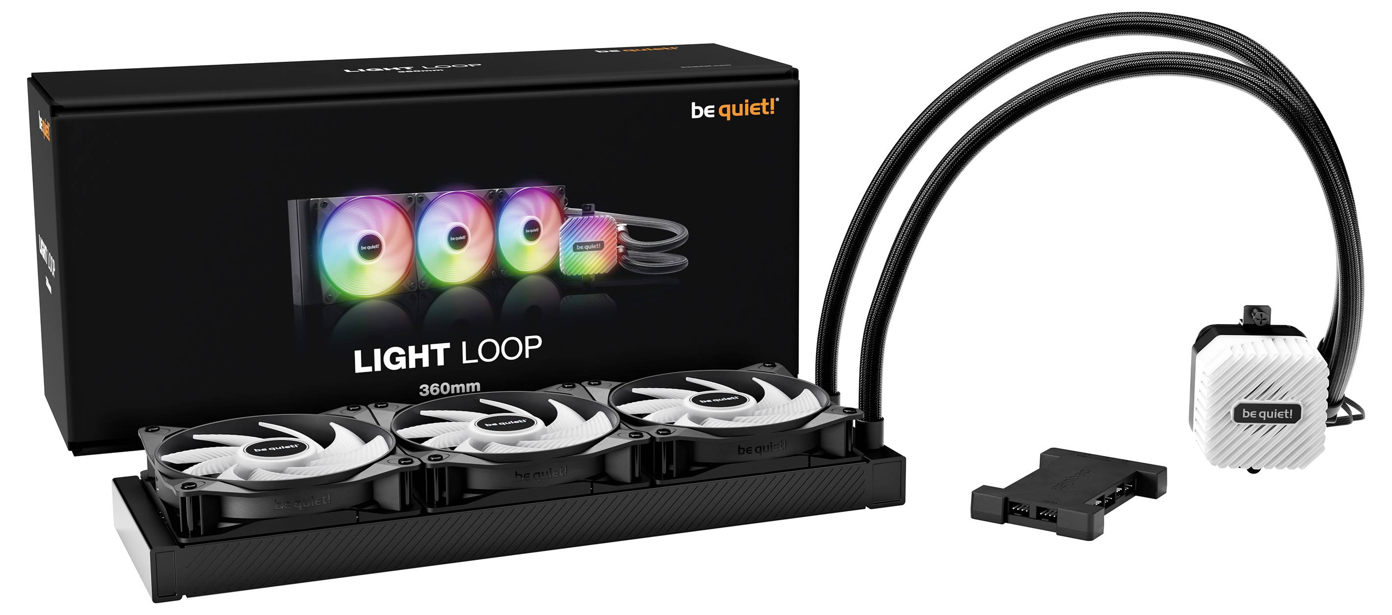Waterkoelsysteem met drie verlichte ventilatoren. Verpakking toont merk 'be quiet!' en model 'Light Loop 360mm'.