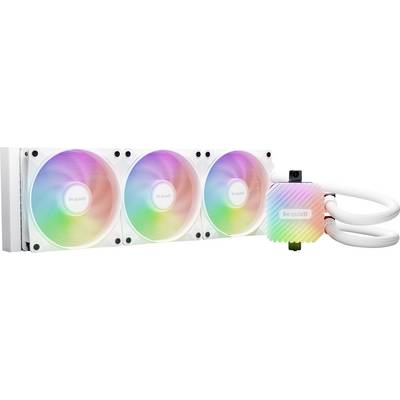 Vloeistofkoeler met drie verlichte ventilatoren en koellichaam in regenboogkleuren.