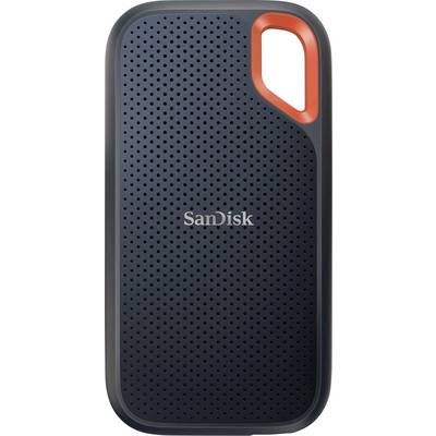 Externe SSD-harde schijf van SanDisk met een donkergrijs behuizing en een oranje accent aan de bovenkant.