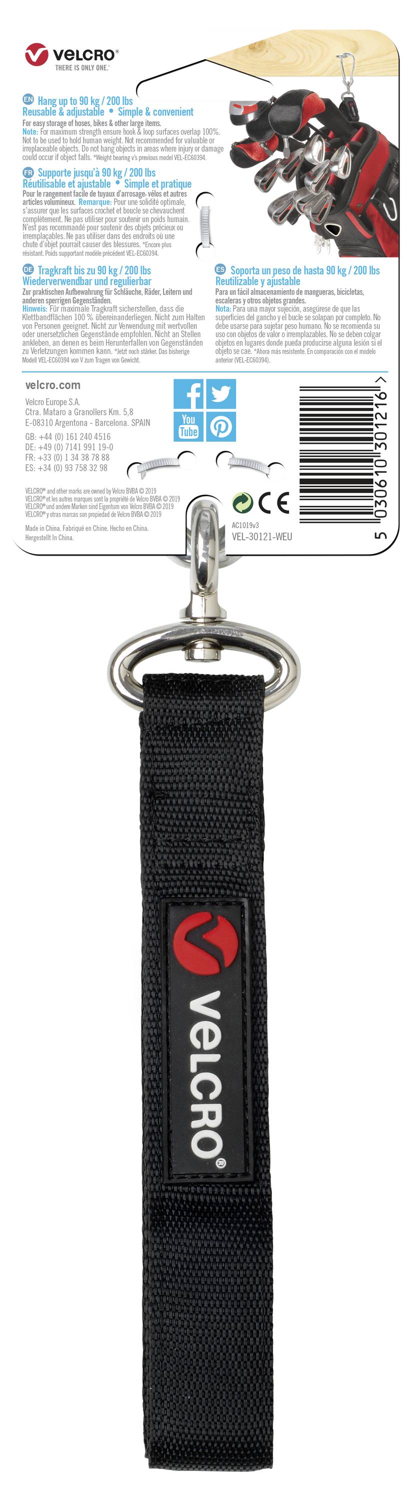 Zwart sleutelslot met 'VELCRO' logo en karabijnhaak. Verpakking toont verschillende toepassingsmogelijkheden met fietsen.