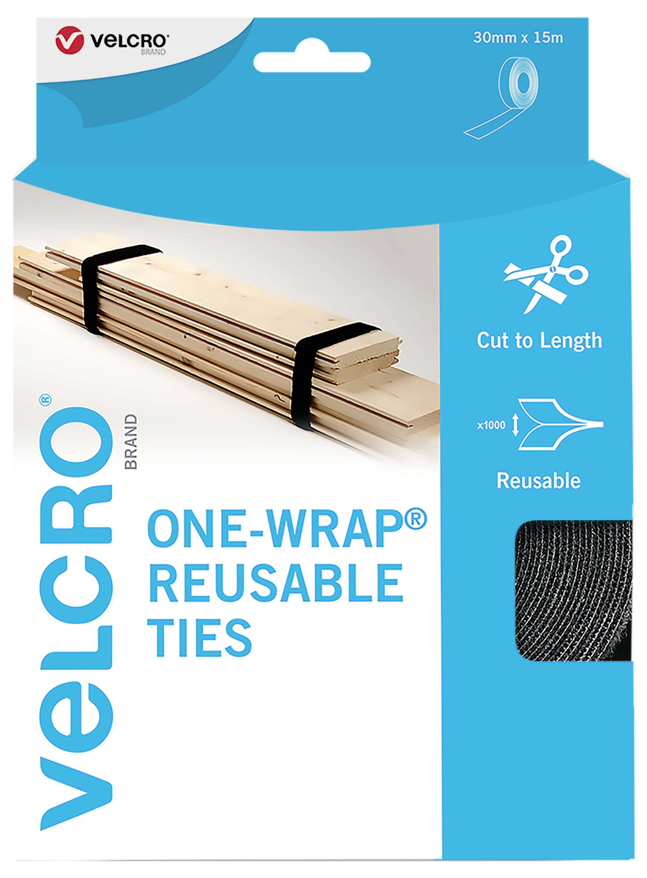 Verpakking met klittenband kabelriemen. Teksten: 'Velcro merk', 'ONE-WRAP HERBRUIKBARE BINDERS', Symbolen: 'Op maat te knippen', 'Herbruikbaar', Productafbeeldingen.
