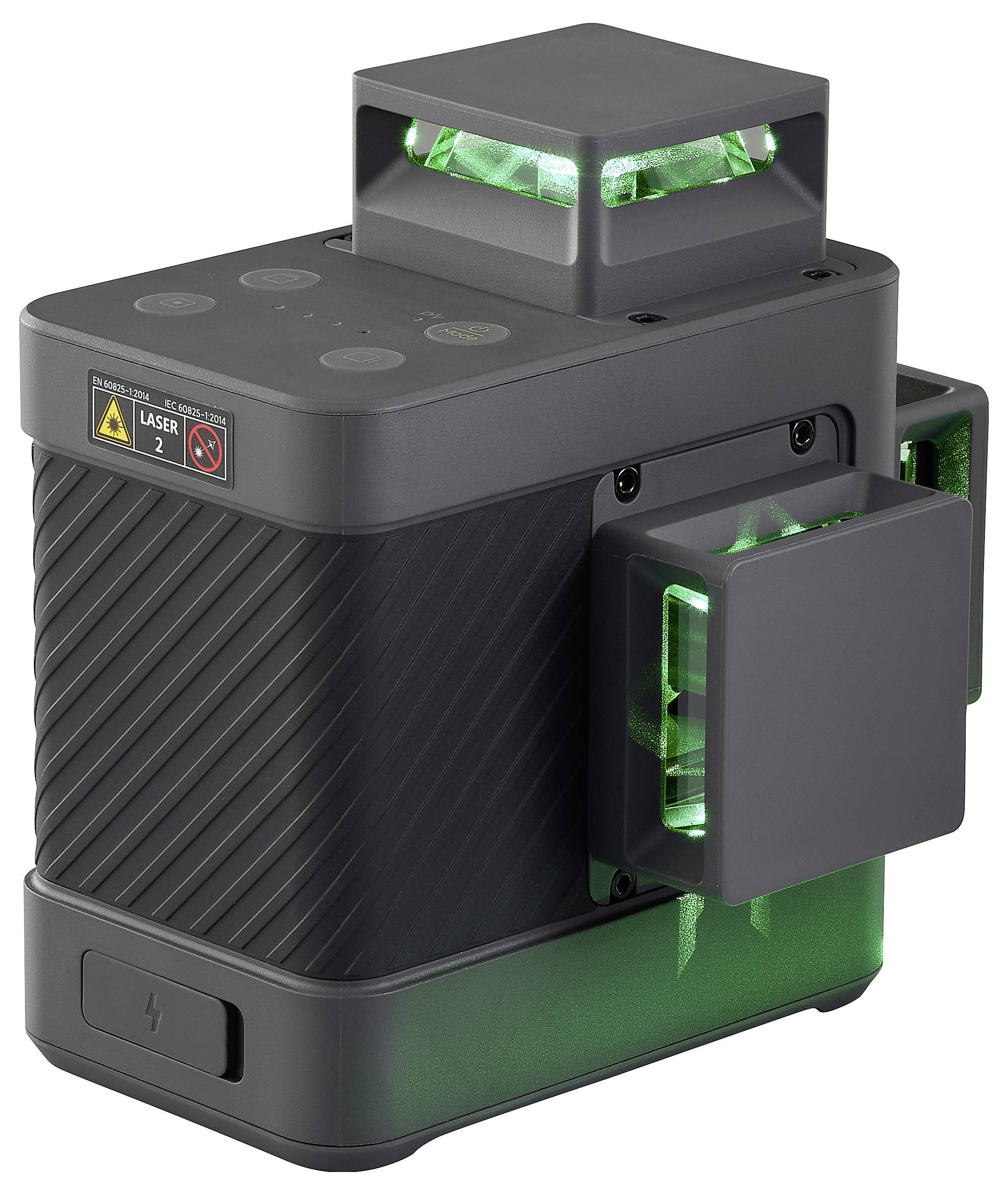 Een zwart, compact lasertoestel met groen licht voor precisíemetingen, geschikt voor gebruik in bouw- en technische projecten.
