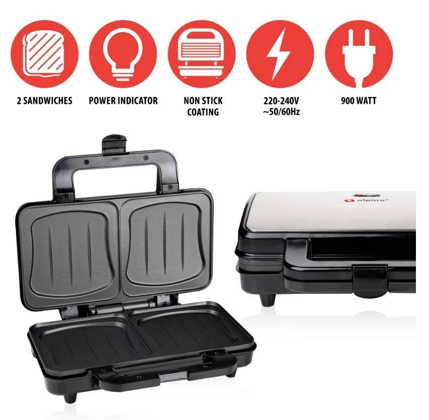 Een tosti-apparaat met twee sleuven en anti-aanbaklaag. Bovenaan symbolen: 2 tosti's, bedrijfsindicator, anti-aanbak, 220-240V, 900 Watt.