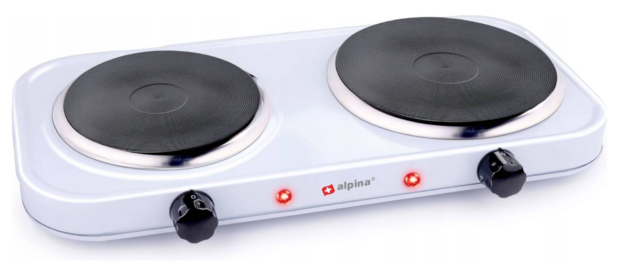Tweepits kookplaat met twee ronde verwarmingszones en rode controlelampjes op een witte basis, geschikt voor eenvoudig koken.
