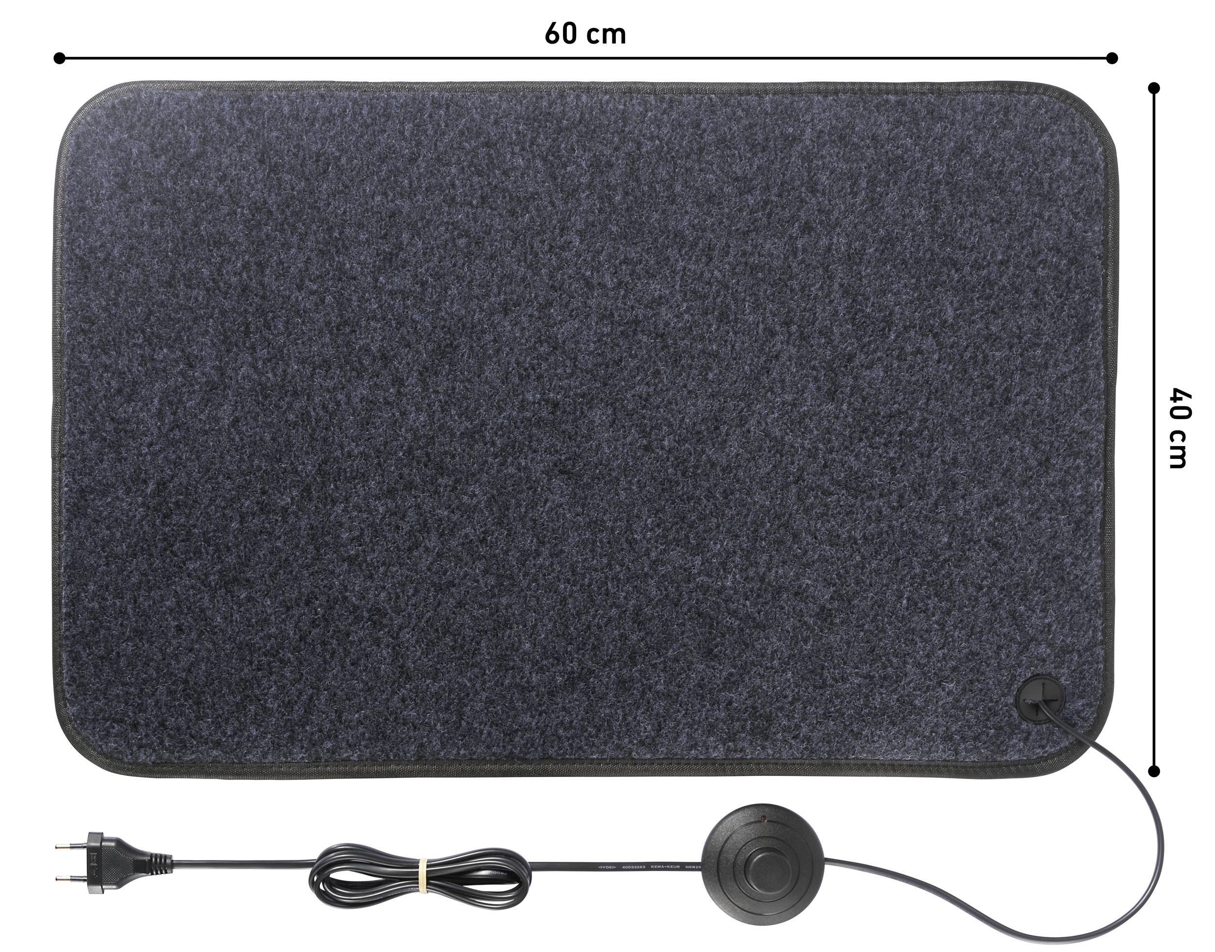 Een rechthoekige grijze verwarmde mat met afmetingen van 60 cm bij 40 cm, voorzien van een netsnoer en voetschakelaar.