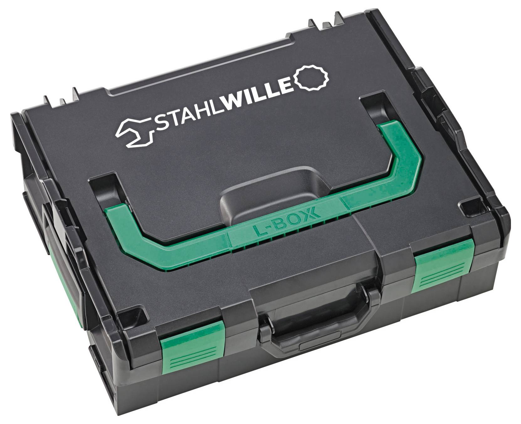 'Stahlwille' gereedschapskoffer, zwart met groene handgreep, gesloten.