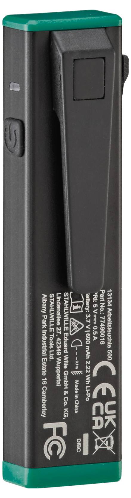 Elektronisch apparaat in rechthoekige vorm met groene rand en gedrukte technische specificaties.