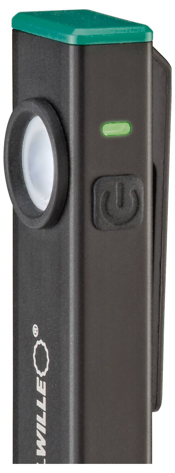 Een rechthoekig, zwart apparaat met een groene deksel. Het heeft een grote lens en een groene LED-indicator aan de voorkant.