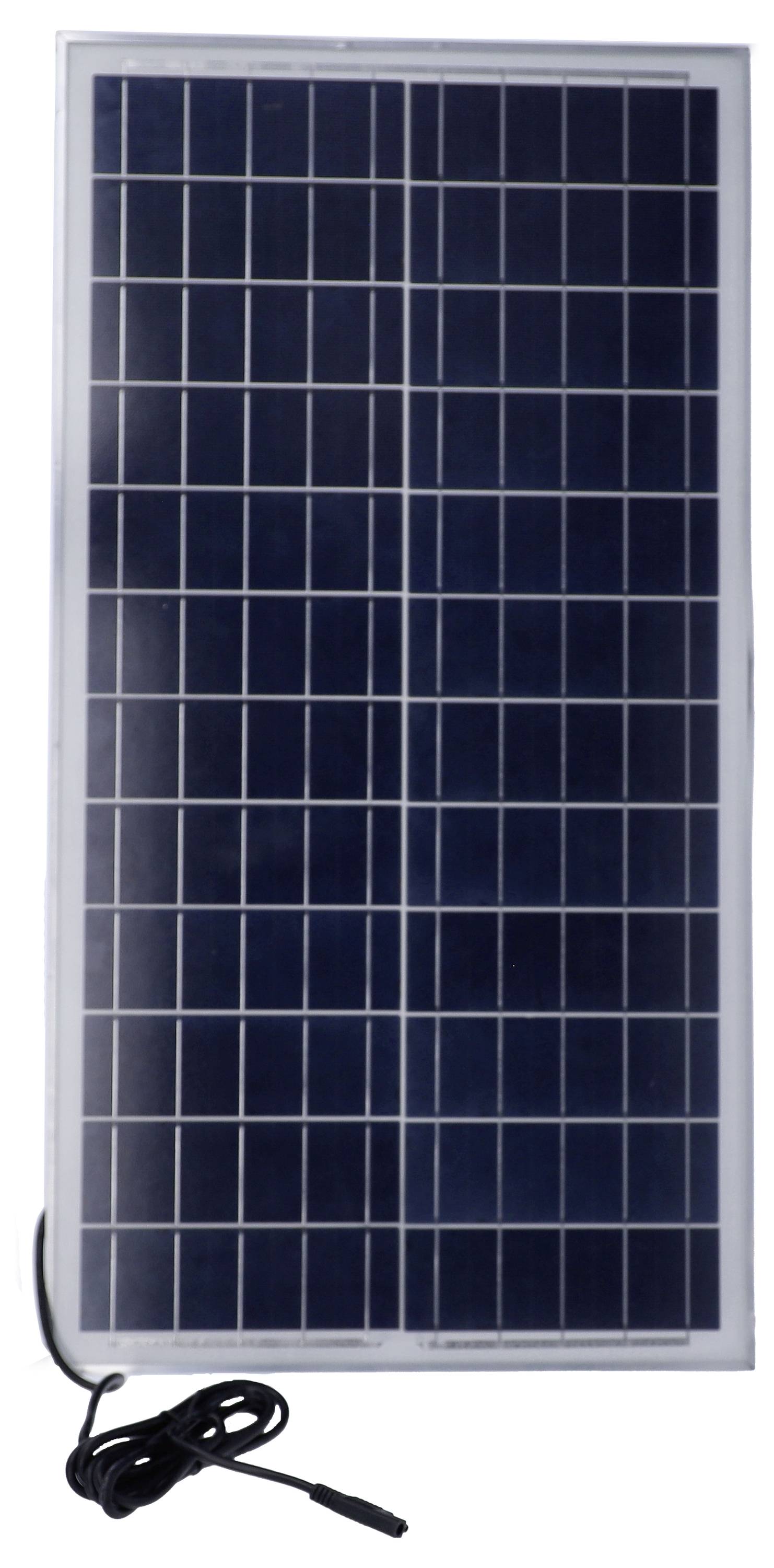 Een zonnepaneel met donkere zonnecellen en metalen frame. Een kabel met stekker hangt onderaan. Ideaal voor zonne-energieopwekking.