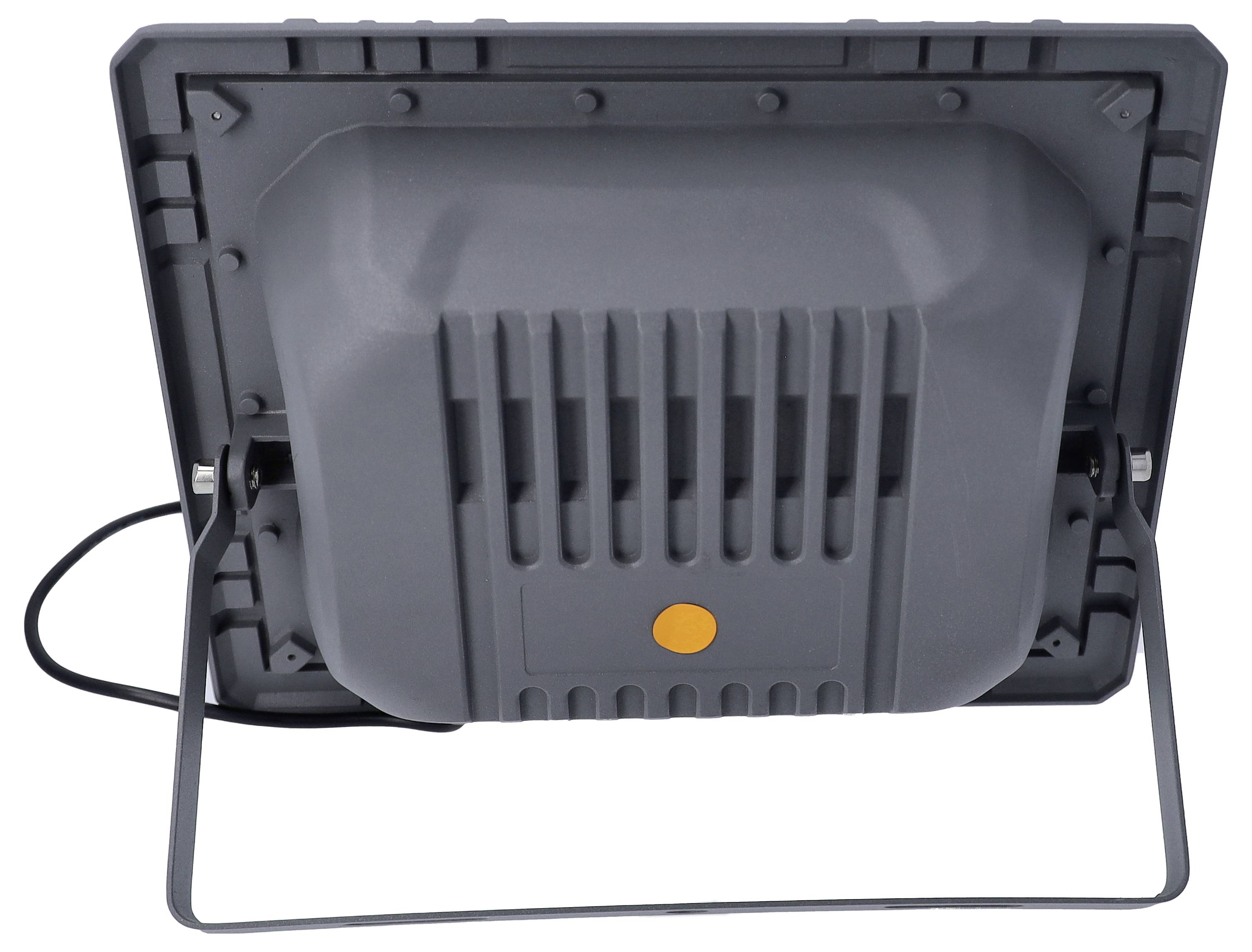 Een grijze LED-schijnwerpereenheid met vinnenkoellichaam en montagebeugel, geschikt voor buitenverlichting.