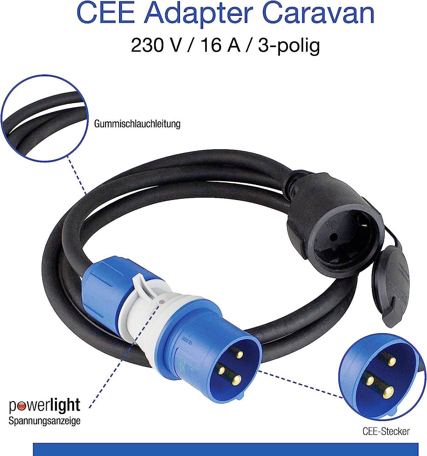 CEE-adapter Caravan 230 V / 16 A / 3-polig': Een CEE-adapter voor caravans met rubberen kabelleiding toont stekker en aansluiting.