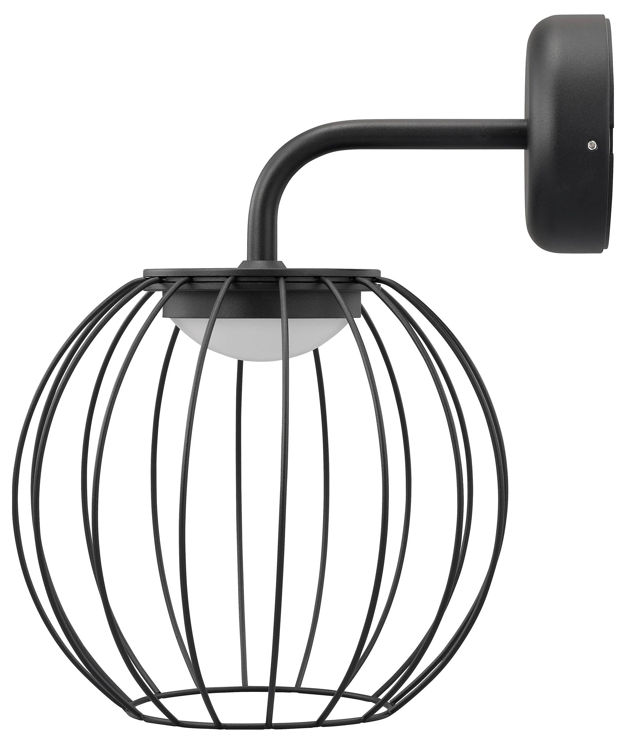 Een zwarte wandlamp met een ronde lamp ingekapseld in een sferisch draadrooster design.