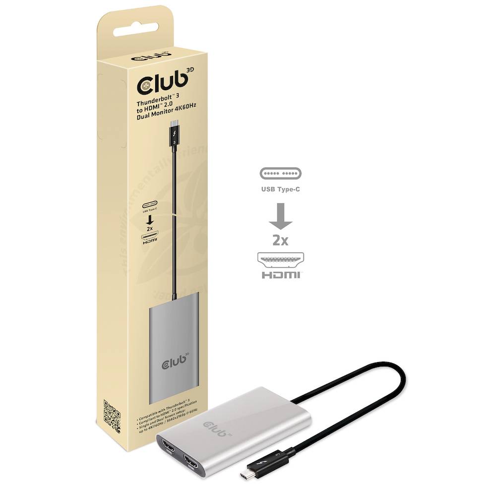 'Club 3D Thunderbolt 3 Duo-Adapter: Dual-Monitor 4K60Hz, USB Type-C met 2 HDMI-poorten. Verpakking en adapter afgebeeld.'