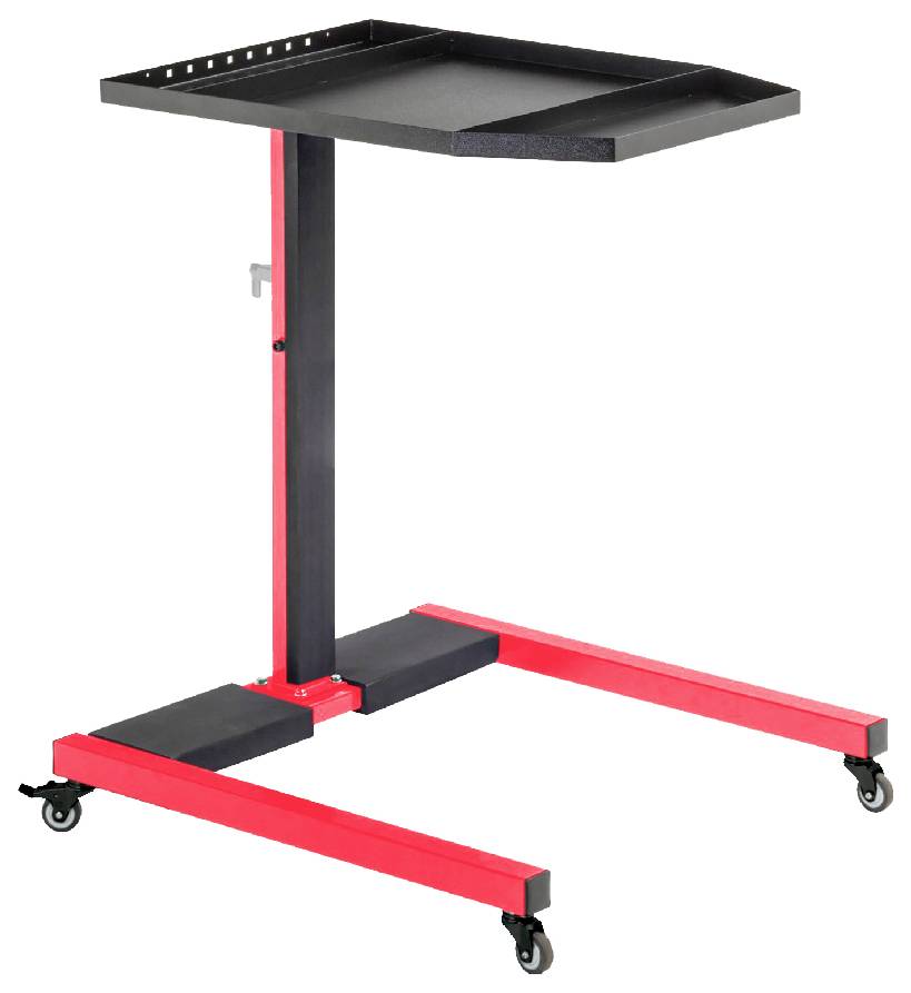 Een zwarte tafel met een rood frame op wielen, in hoogte verstelbaar, geschikt voor werkplaatsen of presentaties.
