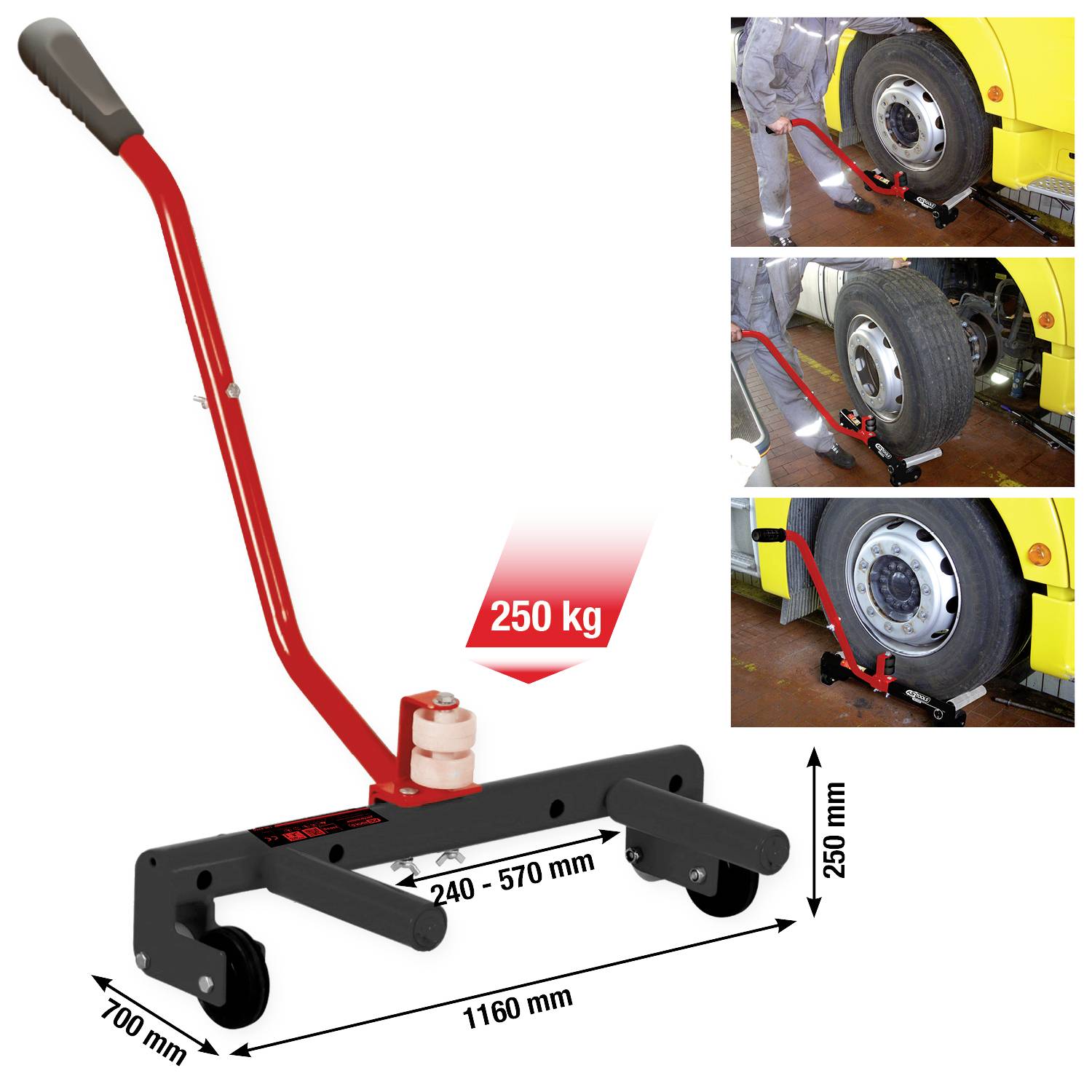 Transportkar voor vrachtwagen-wielen, draagvermogen 250 kg. Afbeeldingen tonen toepassing bij wielwissel met optillen en verschuiven van de band.