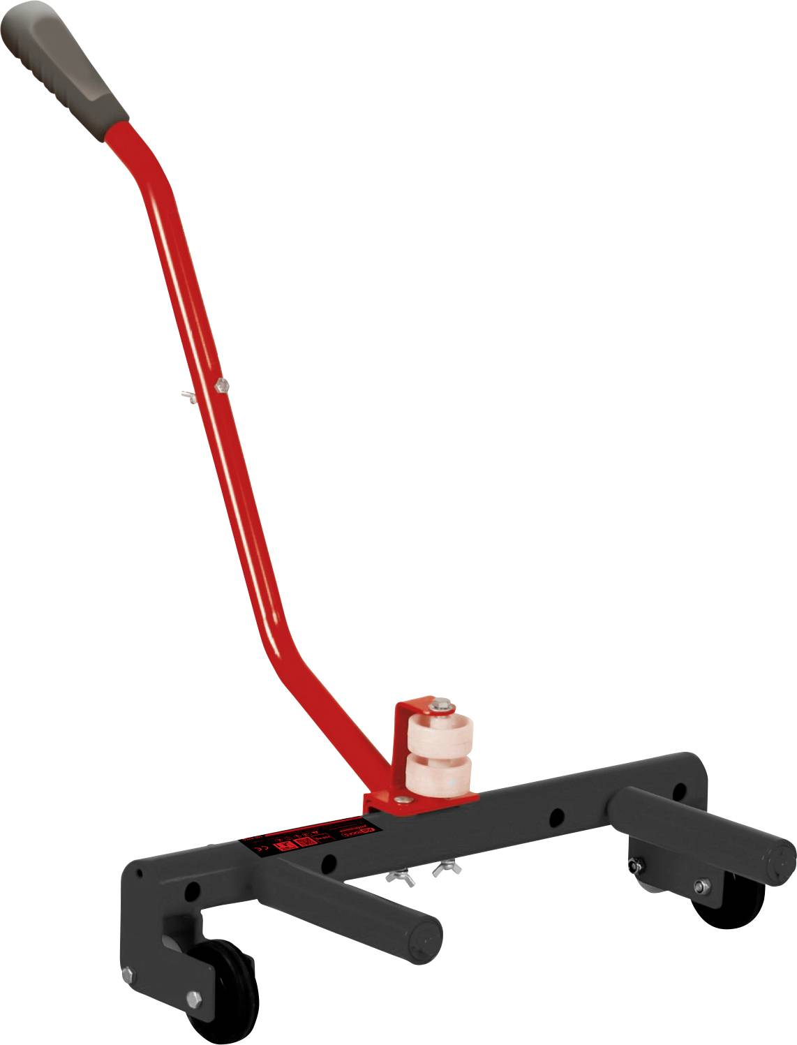 Rood hefgereedschap met zwart frame en handvat. Twee wielen en hefbomen ter ondersteuning bij het optillen van voertuigen.