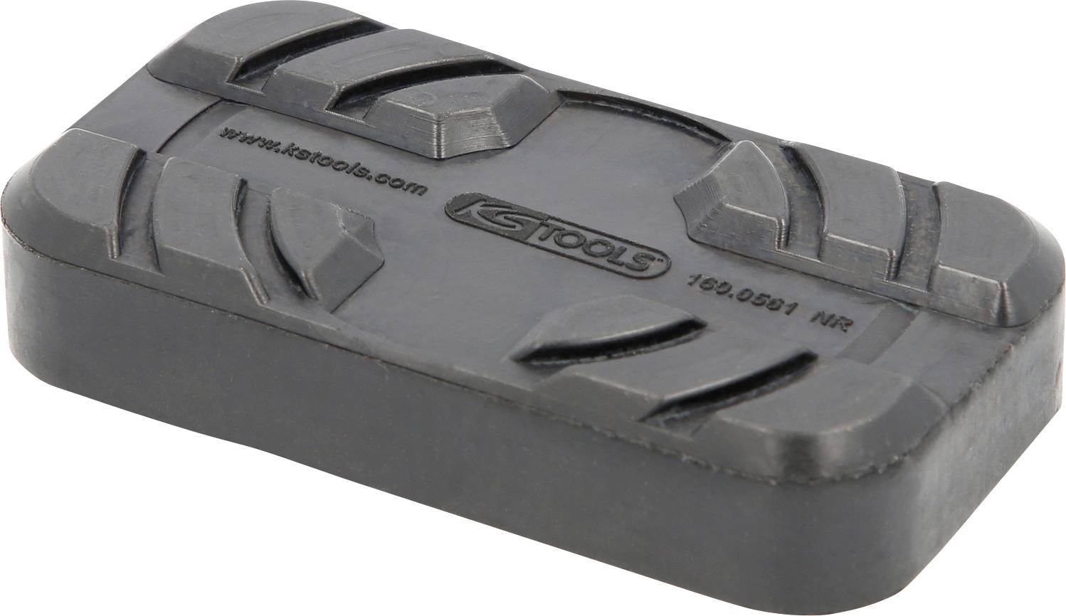 Een rechthoekige, zwart-grijze rubberen blok met ingedrukt KS-Tools-logo en ribbelmotief, gebruikt voor hefplatforms.