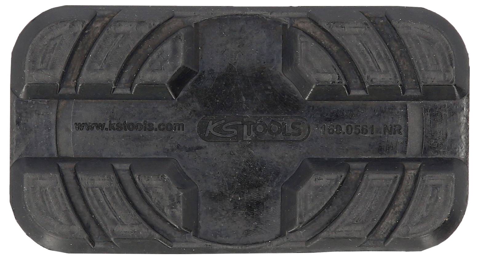 Rechthoekig zwart rubberen blok met ribbelpatroon en opdruk 'kstools.com'. Wordt vaak gebruikt als hefplatform-pad.