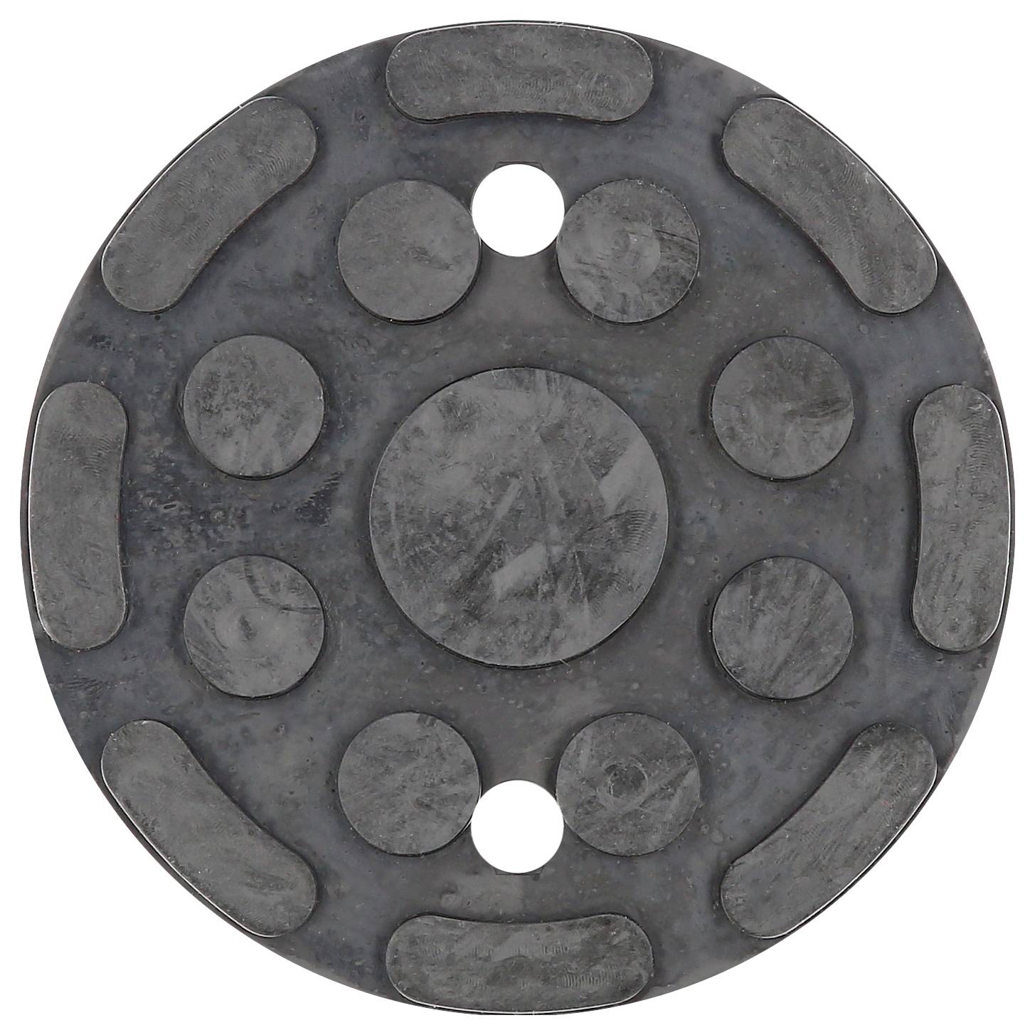 Een ronde metalen plaat met meerdere cirkelvormige verhogingen en twee centrale gaten.