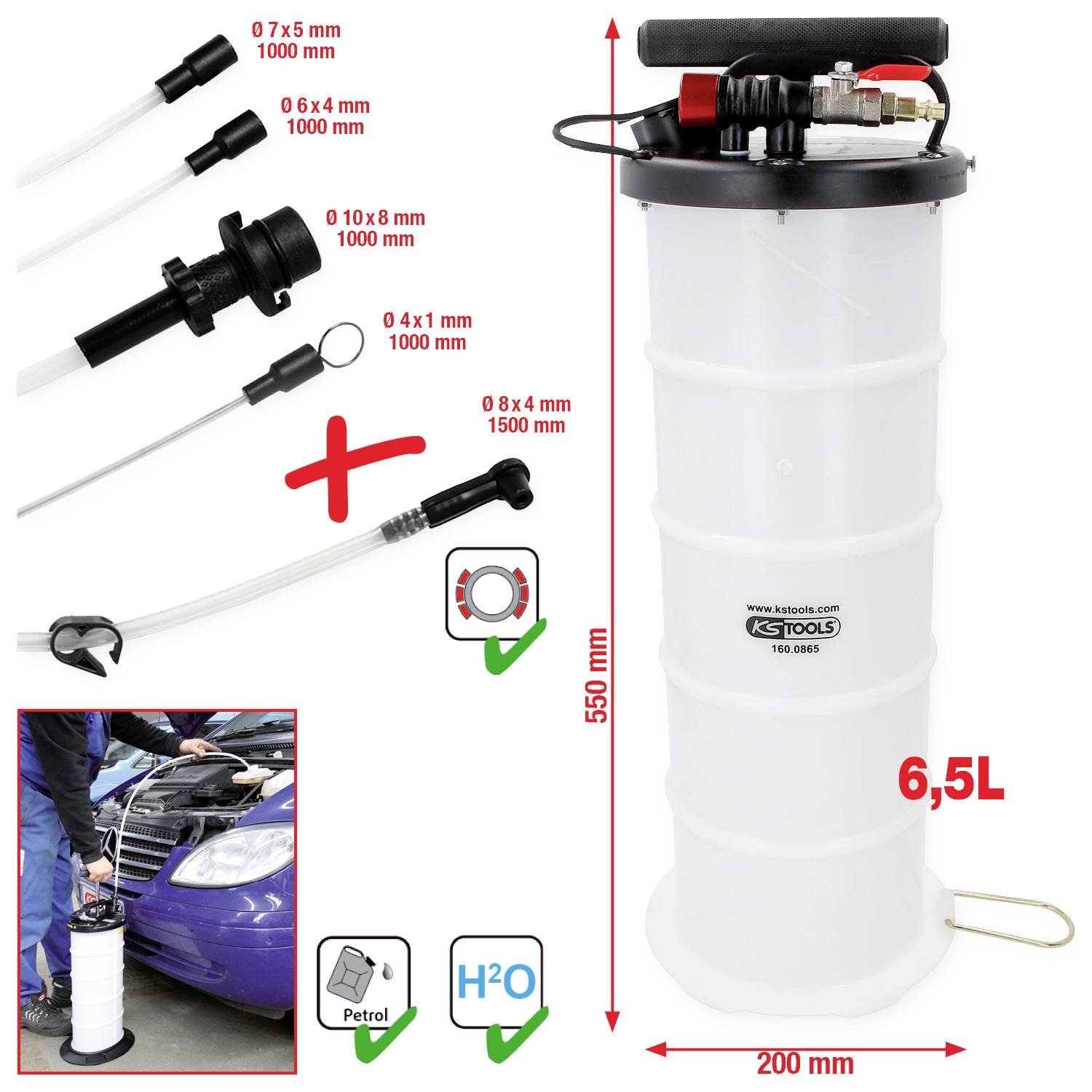 Een olieafzuigapparaat met een capaciteit van 6,5 liter, 200 mm diameter. Bevat drie zuigsondes en is geschikt voor 'benzine' en 'H2O'.