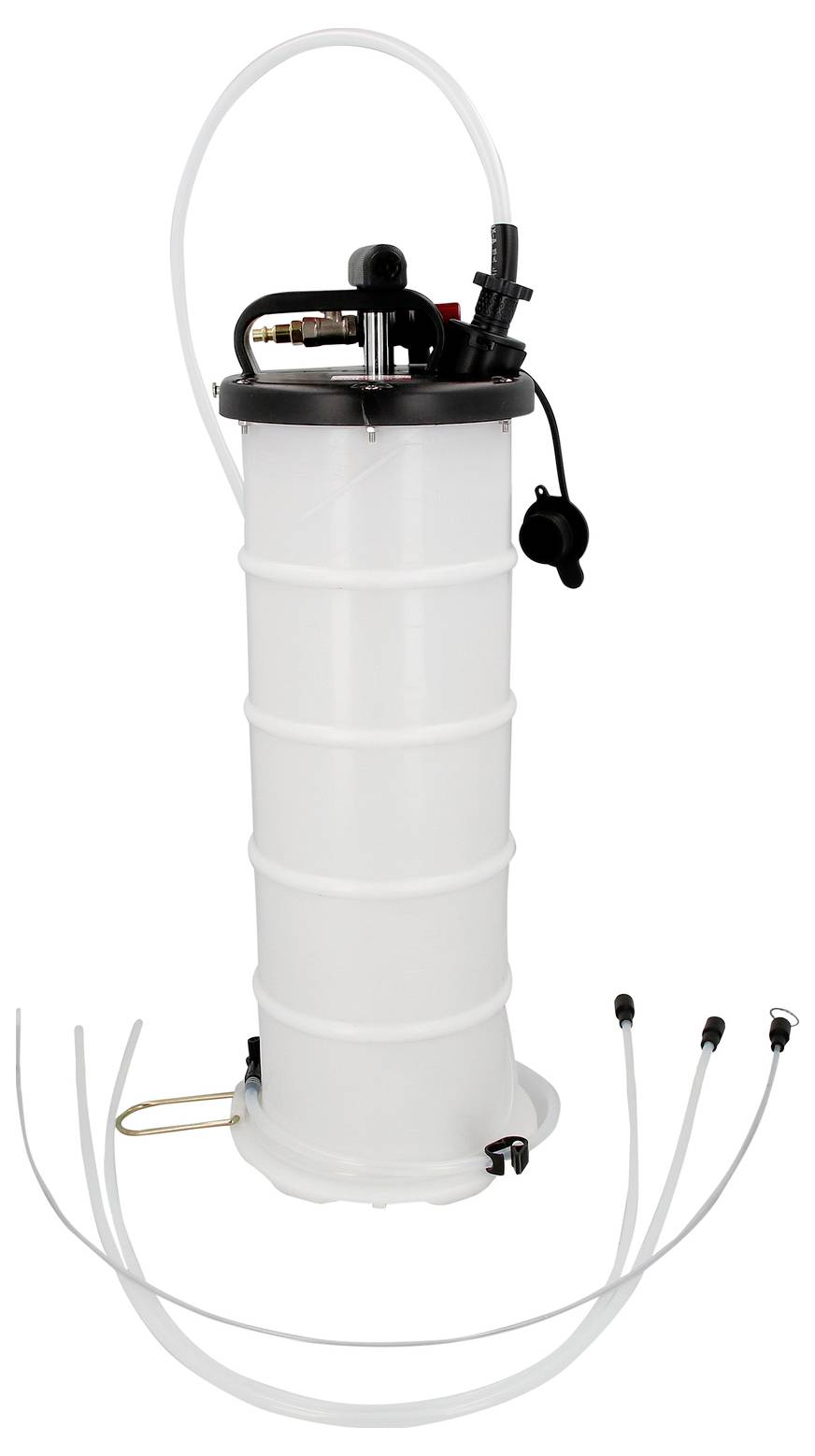 Een witte, cilindrische olie-afzuiger met meerdere slangen, geschikt voor onderhoud en vloeistofvervanging in voertuigen.