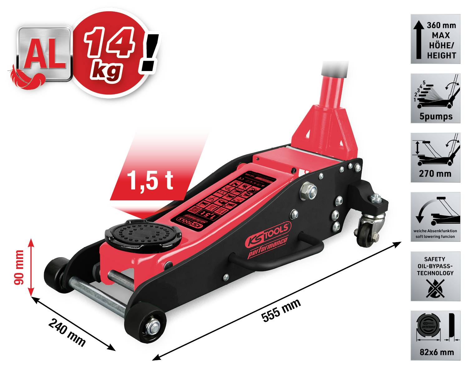 'Hydraulische krik met draagvermogen van 1,5 ton, vervaardigd uit aluminium, gewicht 14 kg, maximale hefhoogte 360 mm, lengte 555 mm. Compacte constructie.'