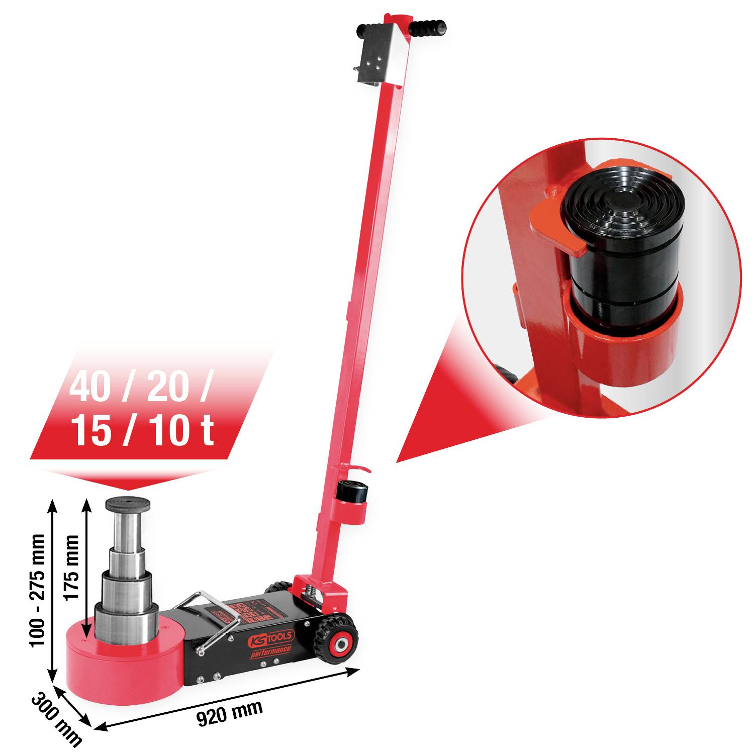 Rode hydraulische krik met lange handgreep, geschikt voor 40/20/15/10 ton. Hefbereik: 100-275 mm, afmetingen: 300 x 920 mm.