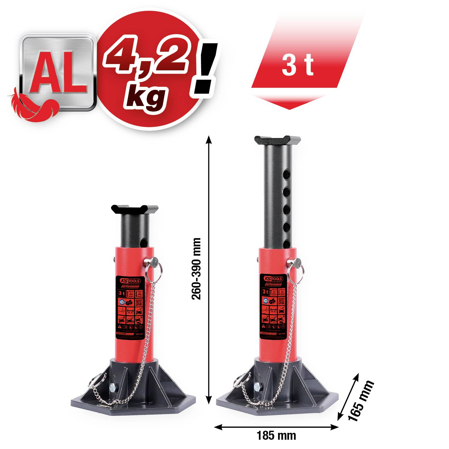 'Twee rode krikken met hoogteverstelling van 265-390 mm, gewicht van 4,2 kg en draagvermogen van 3 ton. Grondmaat: 185 mm.'