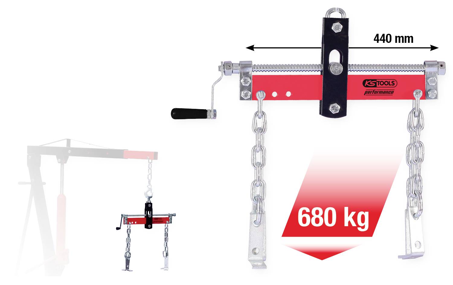 Motormontageklem met kettingen, maximale draagcapaciteit 680 kg, spanwijdte 440 mm, voor motorbevestiging aan hefinstallaties.