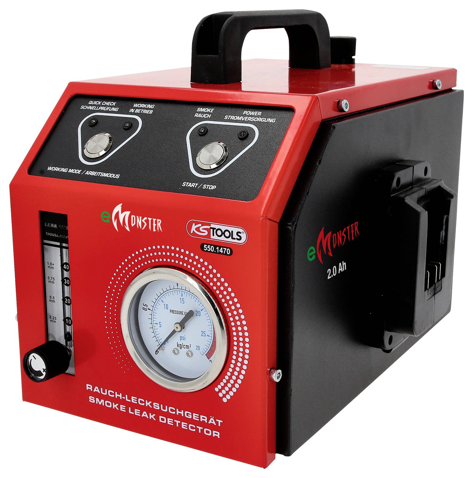 Rood rooklek-detectieapparaat met handgreep, manometer, schakelaar en fabrikantenlogo.