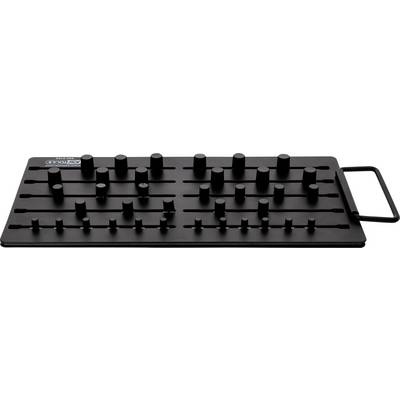 Een zwart prikbord met cilindervormige pennen van verschillende hoogtes, gerangschikt in een rasterpatroon, met een handgreep aan de zijkant.