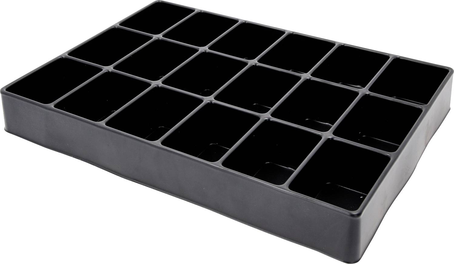 Zwarte plantenbak met 18 vierkante vakken voor het kweken van planten of zaden.