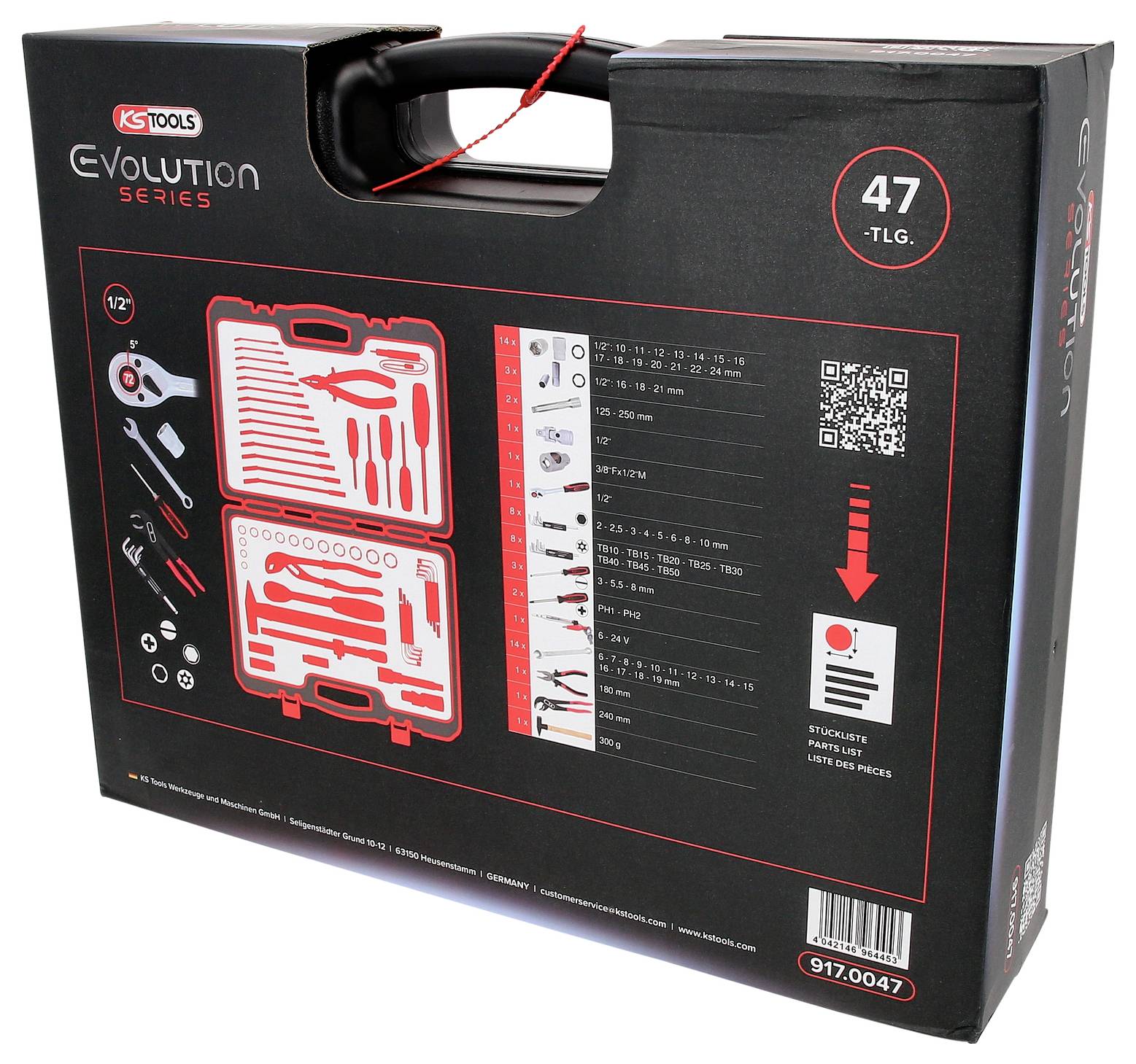 Zwarte gereedschapskoffer met de opdruk 'KS Tools Evolution Series'. Bevat 47 onderdelen, afgebeelde gereedschappen en specificaties op de verpakking.