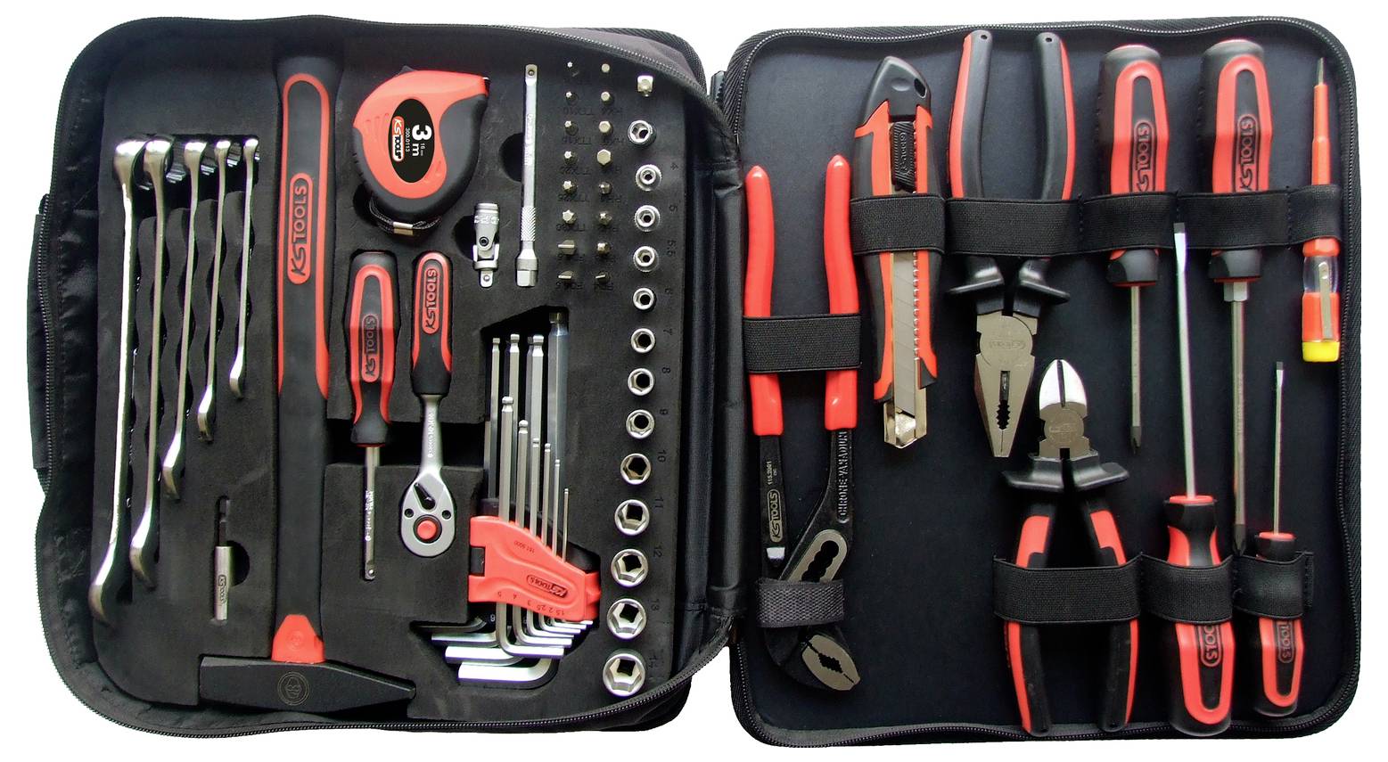 Een geopende gereedschapsset met verschillende handgereedschappen, waaronder moersleutels, schroevendraaiers, tang en dopsleutels.