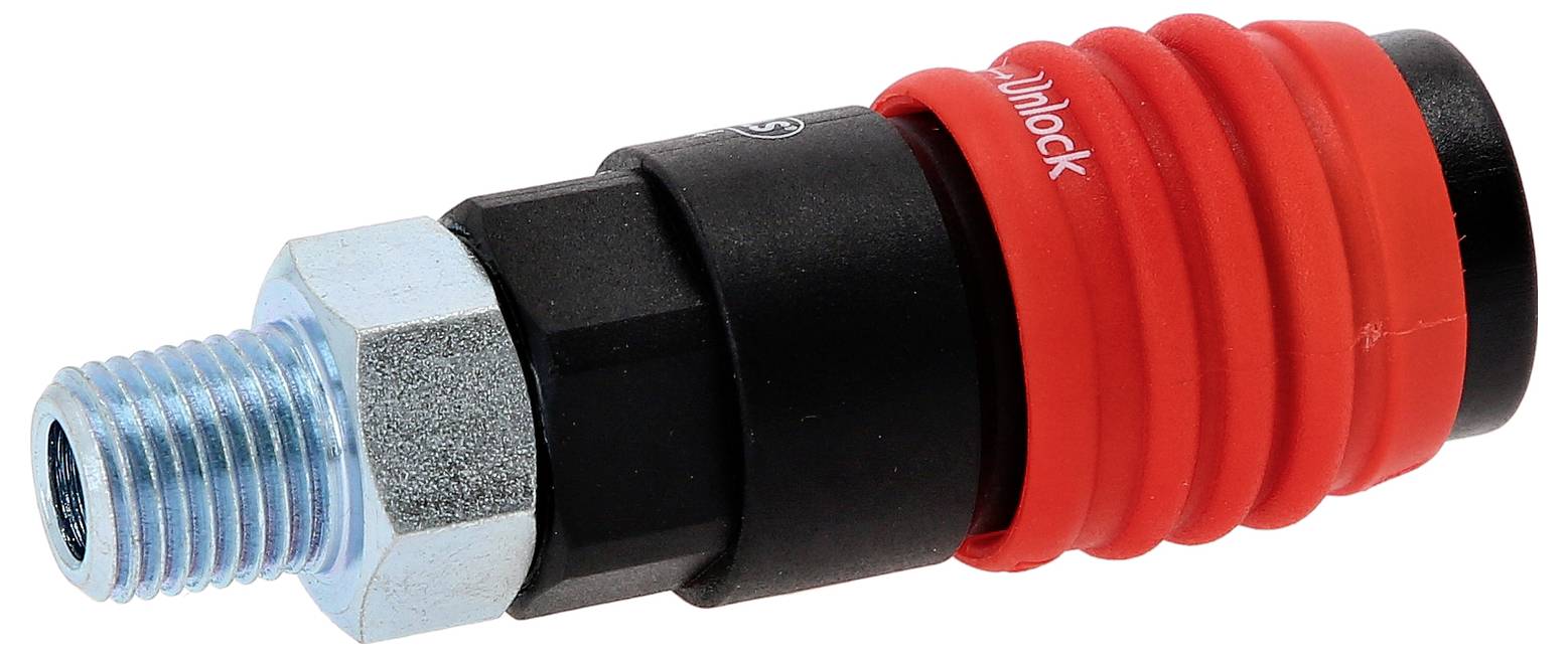 Een metalen aansluitstuk met een zwart en rood lichaam, dat wordt gebruikt voor aansluiting op persluchtgereedschappen.
