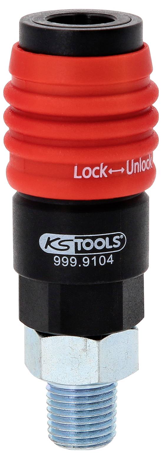 Een rood-zwarte adapter van KS Tools met de opdruk 'Lock ← Unlock' en het productनummer '999.9104'.