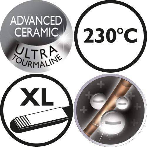 Vier symbolen: 'Advanced Ceramic Ultra Toermalijn', '230°C', 'XL' en kopercoating met positieve/negatieve ionen.