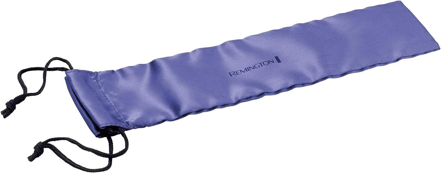 Blauwe satijnen opbergtas met zwarte trekkoord. Het opschrift 'REMINGTON' is in het midden bedrukt.