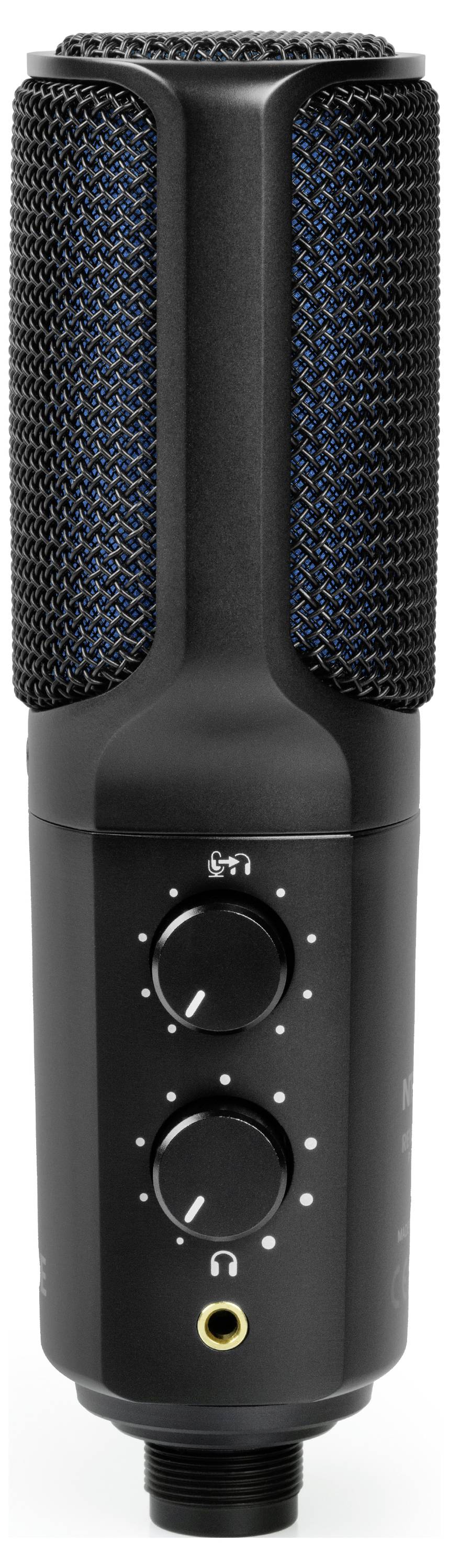 Zwart condensatormicrofoon met twee regelaars voor volume en gevoeligheid aan de voorkant, geschikt voor studio-opnames.