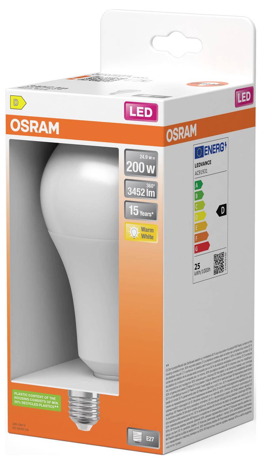 OSRAM LED-gloeilamp in retailers verpakking, gelabeld 200W equivalent, 3452 lm, warm wit, 15 jaar, E27-fitting, energie-efficiëntieklasse D.