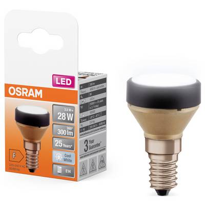 OSRAM LED-lamp met verpakking. Vermogen: 3,5 W, lichtopbrengst: 300 lm, kleurtemperatuur: Cool White, E14-fitting, 25 jaar levensduur.