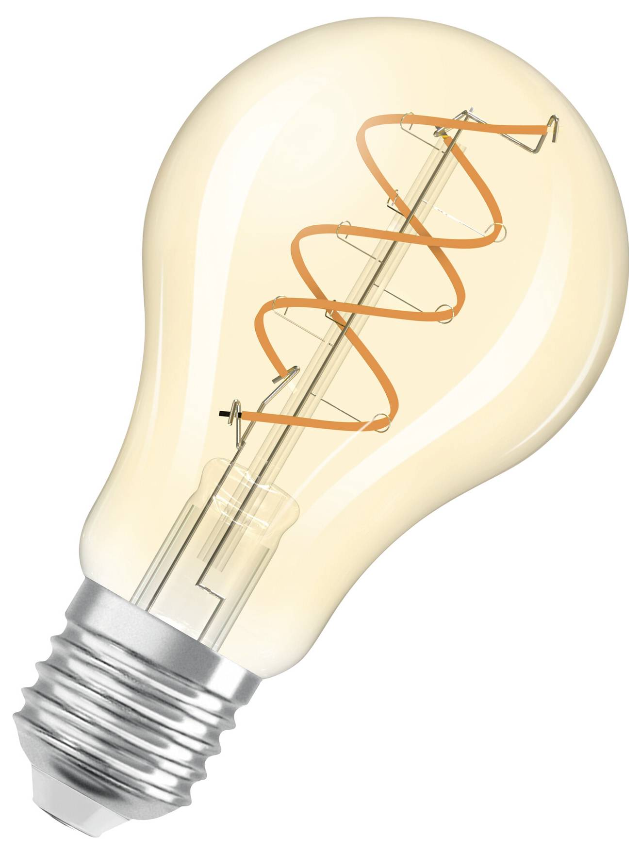 Een gloeilamp met een zichtbare gloeidraad in spiraalvorm. De lamp straalt een warme geeltint uit.