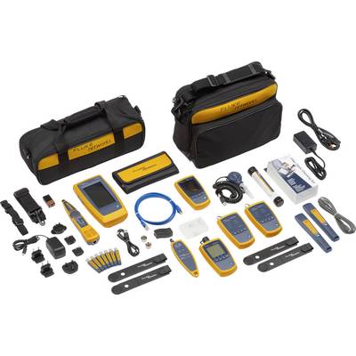 Een netwerktester-kit met verschillende apparaten en toebehoren, inclusief kabels, adapters en een opbergtas.
