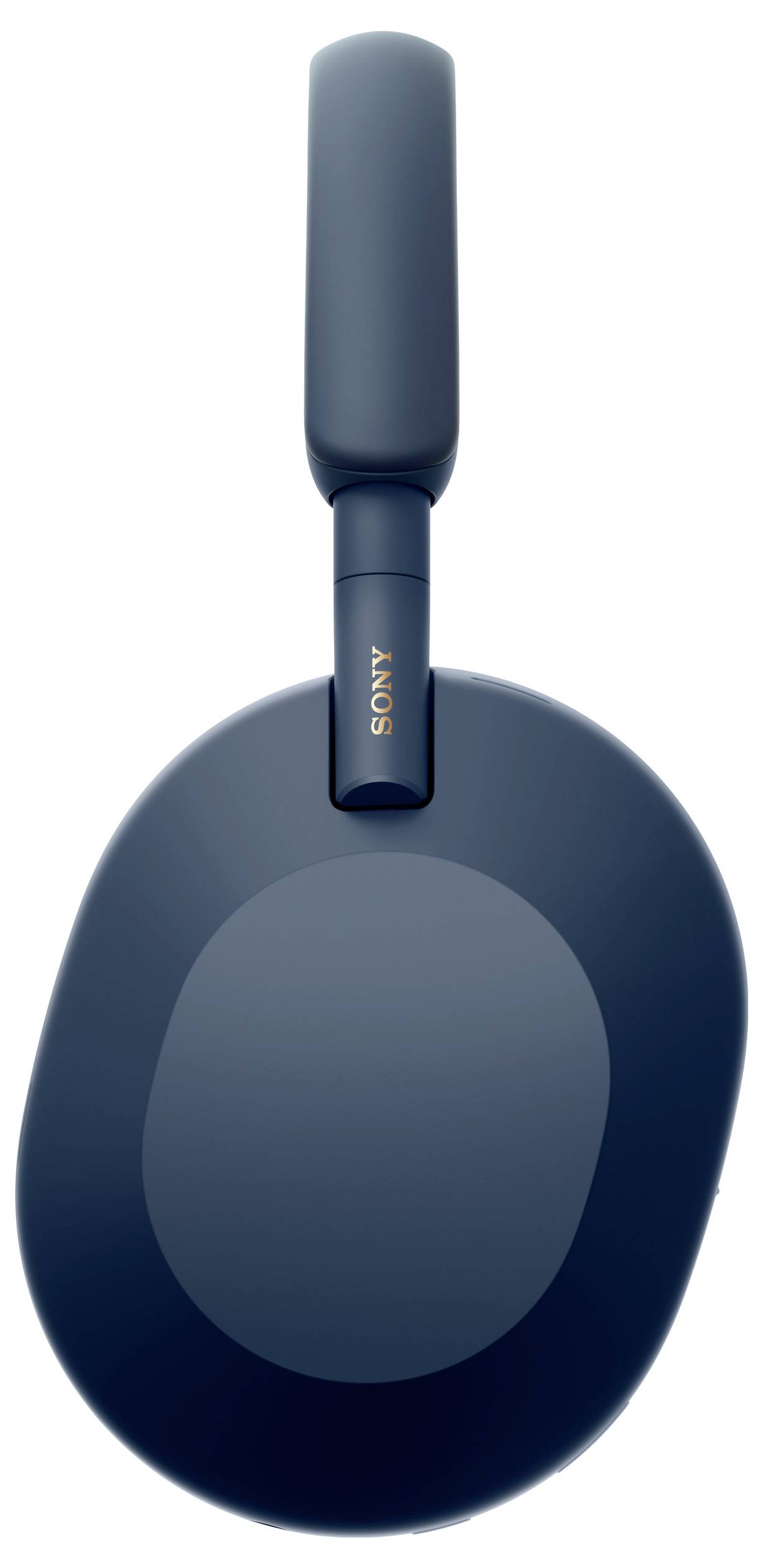 Blauwe, om het oor omsluitende, draadloze Sony-koptelefoon van bovenaf gezien. Elegant en minimalistisch.