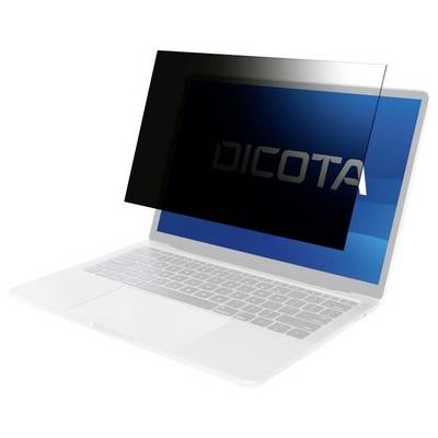 Een laptop met opengeslagen scherm, waarop een privacy-filter is aangebracht. De tekst op het scherm luidt 'DICOTA'.
