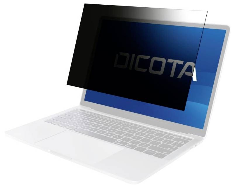 Een laptop met een privacyscherm dat het scherm verduistert en zijdelings zicht verhindert. Het merk is 'DICOTA'.