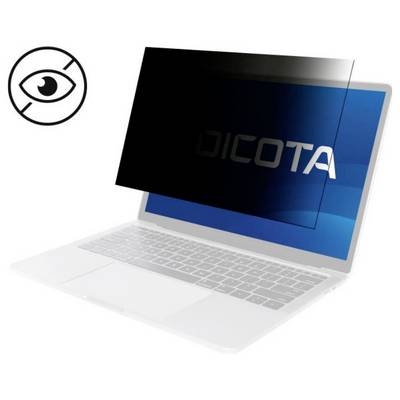 Een laptop met een schermfilter die voorkomt dat de inhoud van opzij kan worden bekeken. Een symbool toont een oog met een diagonale lijn erdoorheen.