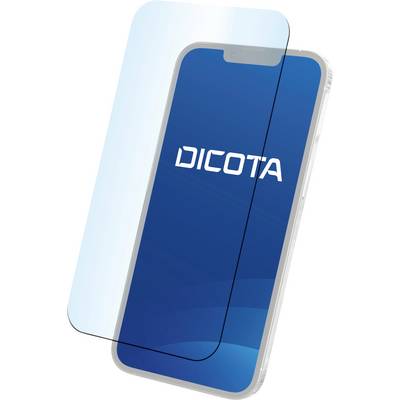 Een smartphone met een blauw scherm waarop 'DICOTA' staat, naast een transparante beschermfolie om aan te brengen.