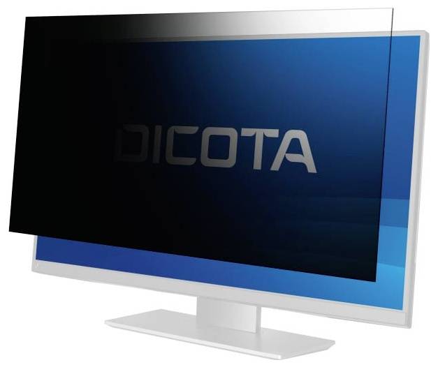 Monitor met gemonteerd privacyscherm. Het scherm toont een blauwe achtergrond met het woord 'DICOTA'.